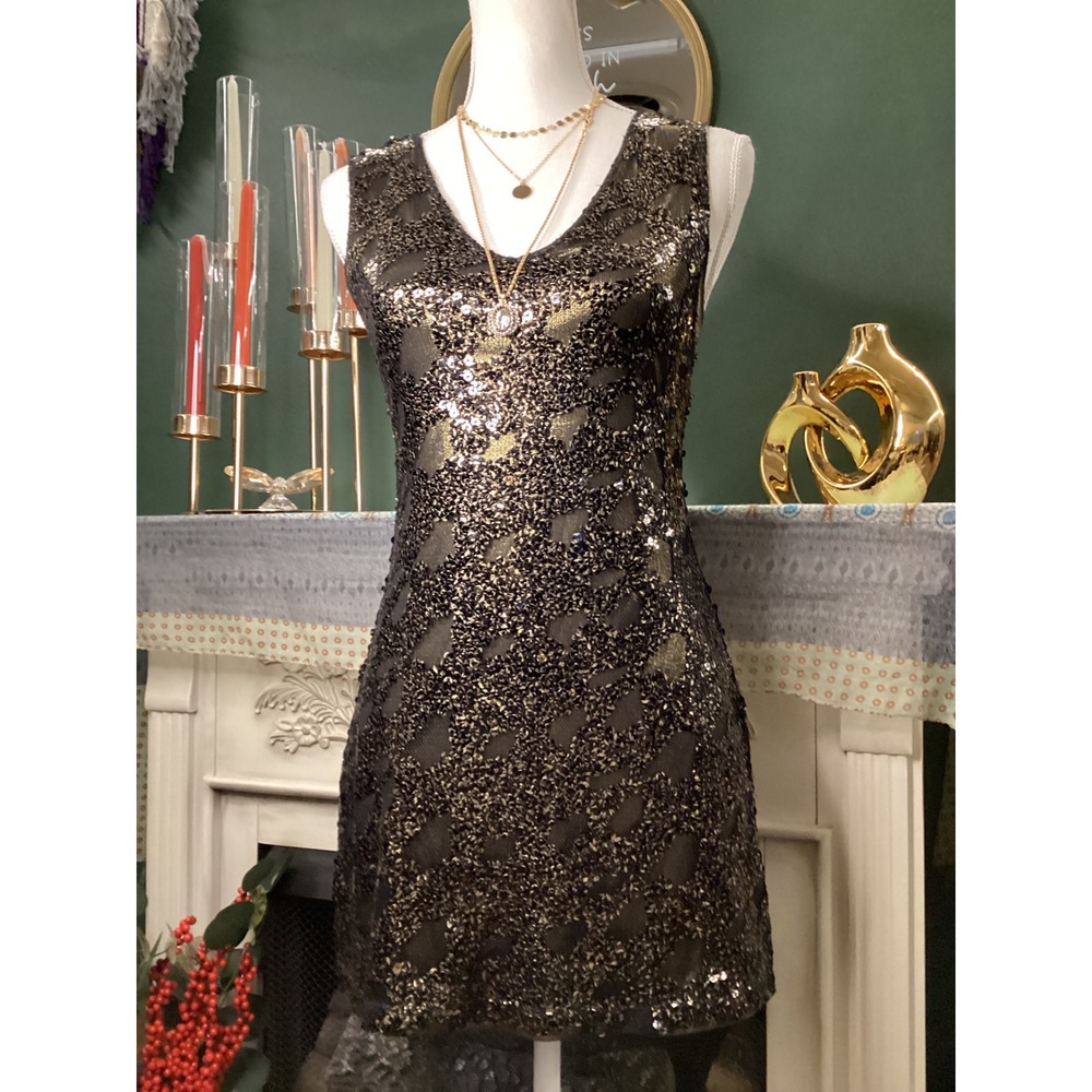 Express Black Gold Sequin V-Neck‎ Mini Dress Sleeveless Party Cocktail XS